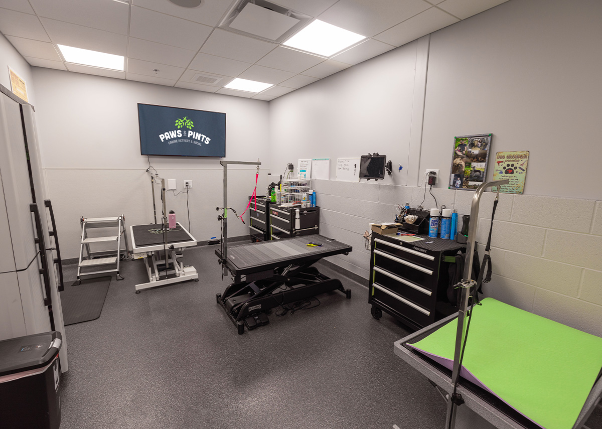 Paws and Pints grooming area with three tables to hold dogs