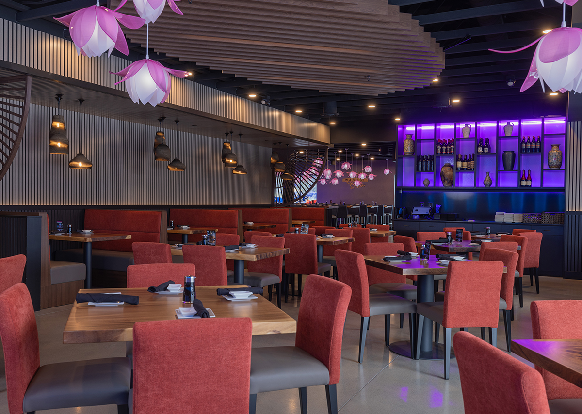 Wasabi Restaurant empty tables with red back chairs